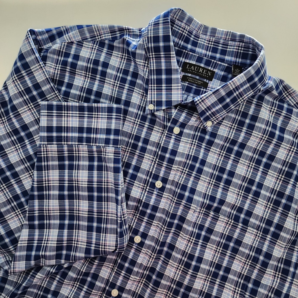Ralph Lauren‎ black label stretch fabric regular fit blue plaid shirt size 2XL